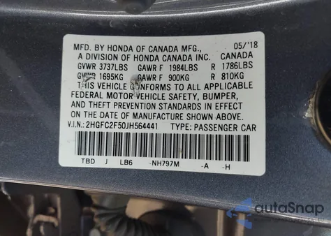 2018 Honda Civic Lx из США, поврежденный, VIN 2HGFC2F50JH564441